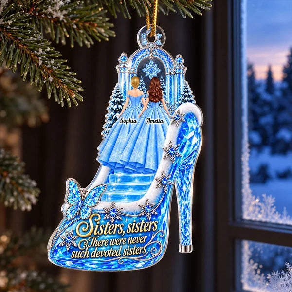 Personalized Acrylic Ornament, Sisters Standing by a Snowy Palace in a Princess Heel, Unique Christmas Gift for Sister