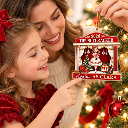 Personalized Acrylic Ornament, Red and Gold Nutcracker Ballerina on Stage, Unique Christmas Gift for Dancers