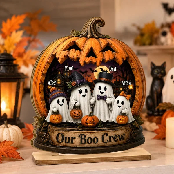 Our Boo Crew 2-Layer Wooden Plaque, Personalized Ghost Family at a Haunted House, Creative Gift for Mom & Dad