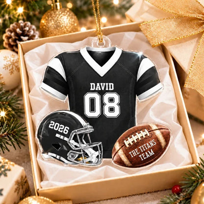 Personalized Acrylic Ornament, Green Football Jersey and Helmet, Unique Christmas Gift for Football Fans