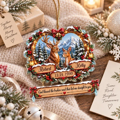 God Blessed the Broken Road Personalized Acrylic Ornament, Deer Couple in Snowy Forest, Creative Gift for Partner