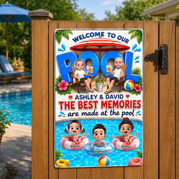 Personalized Rectangular Iron Sign, Cartoon Grandparents & Grandkids Pool Decor, Unique Gift