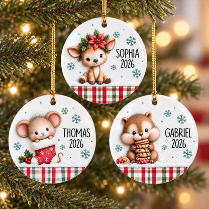 Personalized Ceramic Ornament, Cute Woodland Animals with Cookies and Stocking, Unique Gift for Kids