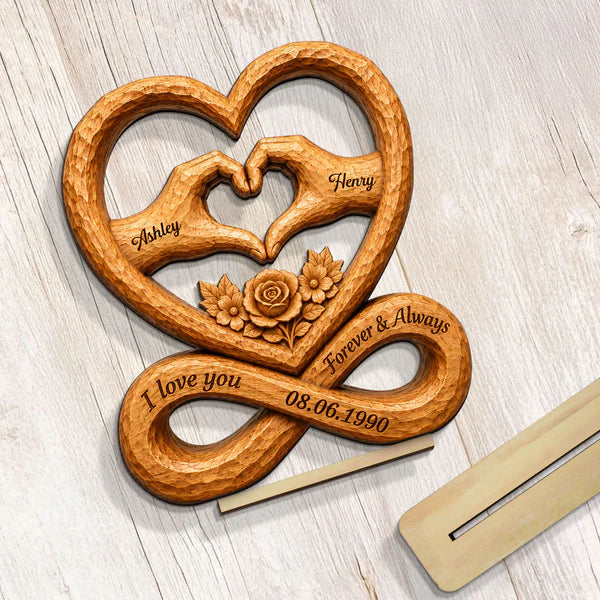 Personalized 2-Layer Wooden Plaque, Heart Hands & Infinity Design, Unique Gift for Couple