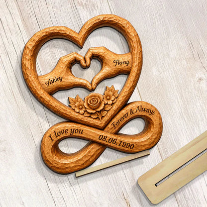 Personalized 2-Layer Wooden Plaque, Heart Hands & Infinity Design, Unique Gift for Couple