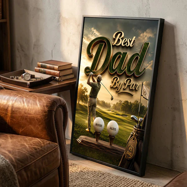 Personalized Golf Poster with Best Dad By Par, Golfer at Sunset Course, Unique Gift for Dad