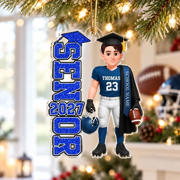 Personalized Football Senior Acrylic Ornament, Graduate Holding Helmet, Unique Graduation Gift for Son