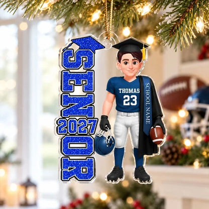Personalized Football Senior Acrylic Ornament, Graduate Holding Helmet, Unique Graduation Gift for Son