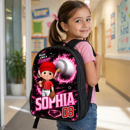 Personalized Kids School Backpack With Baseball Cartoon Player, Unique Back to School Gift for Son or Daughter