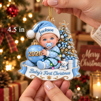 Personalized Acrylic Ornament, Seated Baby by a Christmas Tree, Unique First Christmas Gift for New Parents