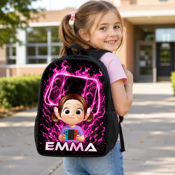 Personalized Kids School Backpack, Neon Gamer Design for Son or Daughter, Unique Back to School Gift