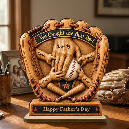 Personalized Wooden Plaque, Baseball Glove Dad & Kids' Hands, Unique Father's Day Gift for Dad