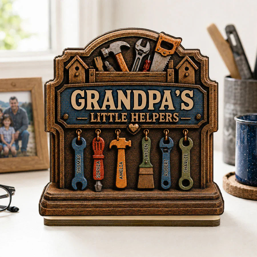 Personalized 2-Layer Wooden Plaque With Workshop Tools, Unique Father's Day Gift for Grandpa