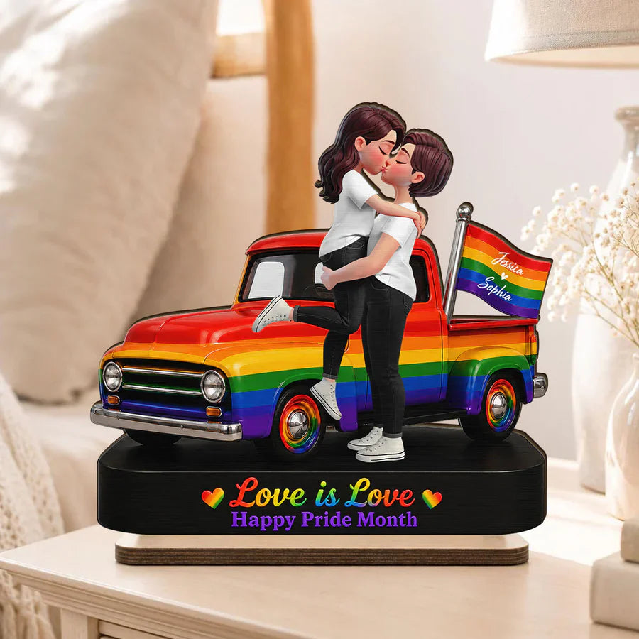 Personalized 2-Layer Wooden Plaque, LGBT Couple Rainbow Truck, Unique Gift for Couple, Pride Decor
