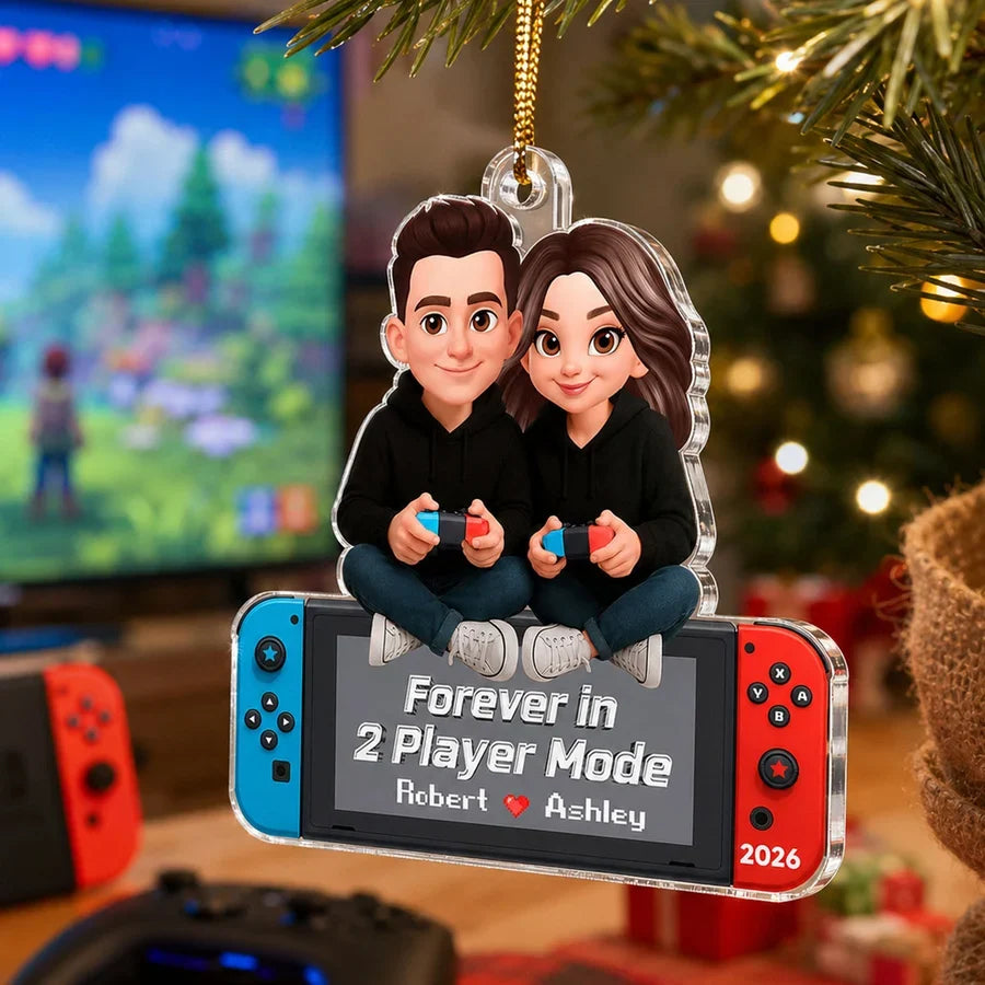 Personalized Acrylic Ornament, Cartoon Couple Holding Controllers, Unique Christmas Tree Gift for Gamers