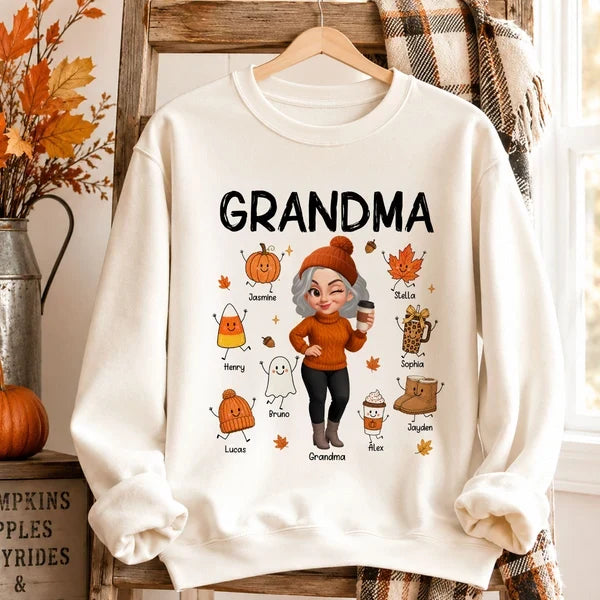 Personalized Classic Tee with Coffee-Holding Grandma and Grandkid Fall Doodles, Unique Autumn Gift for Grandma