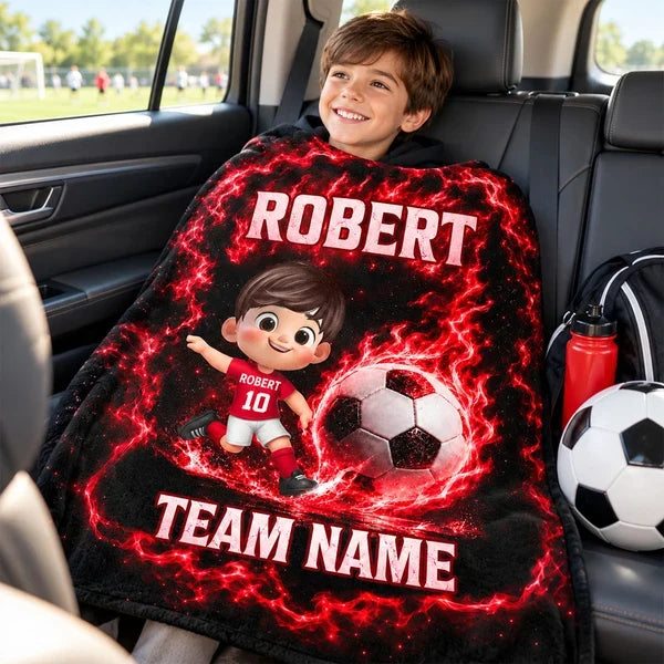 Personalized Fleece Blanket, Electric Blue Cartoon Child Kicking a Soccer Ball, Unique Gift for Young Players