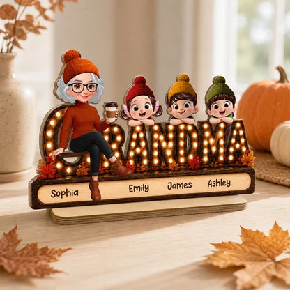 Personalized Wooden Plaque, Grandma with Grandkids Leaning on Marquee Letters, Creative Heartfelt Gift for Grandma