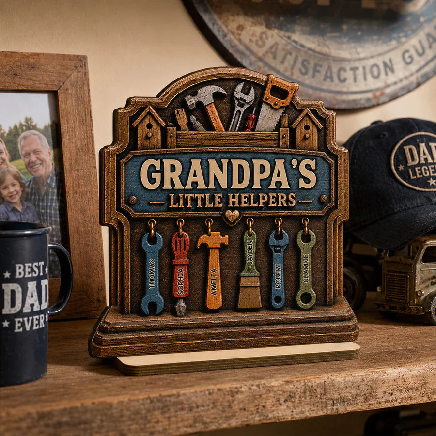Personalized 2-Layer Wooden Plaque With Workshop Tools, Unique Father's Day Gift for Grandpa