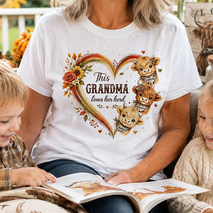 Personalized Classic Tee with Cute Highland Cows, Autumn Floral Heart, Unique Gift for Grandma