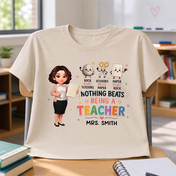 Personalized Classic Tee with Standing Teacher & Rock Paper Scissors Art, Unique Gift for Teachers