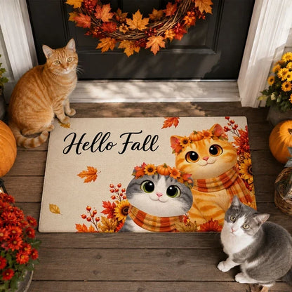 Personalized Standard Doormat, Scarf-Wearing Cats on an Autumn Porch, Creative Housewarming Gift for Cat Lovers