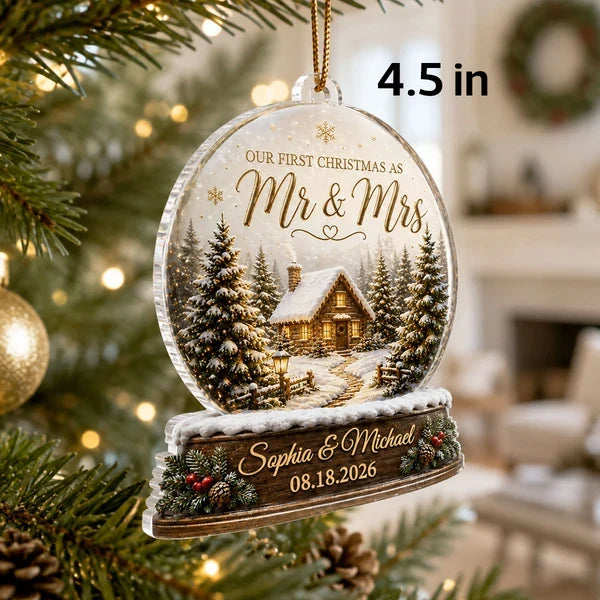 Our First Christmas as Mr & Mrs Personalized Acrylic Ornament, Creative Gift for Newlyweds with Snowy Cabin
