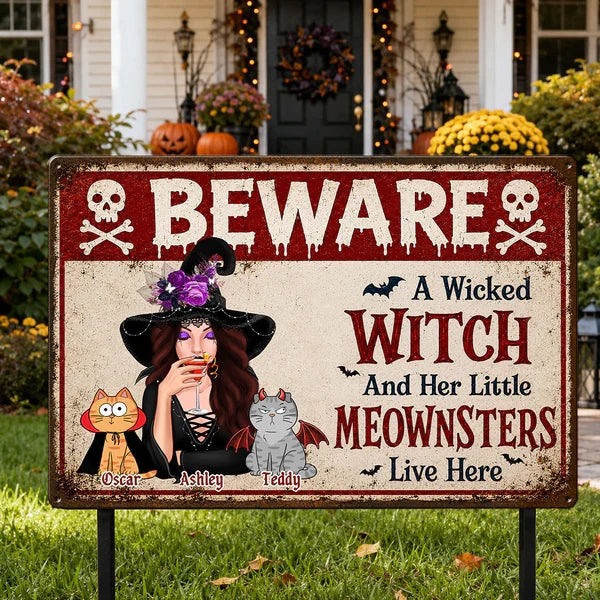 Personalized Rectangular Iron Sign, Witch Sipping with Costumed Cats, Unique Halloween Gift for Cat Lovers