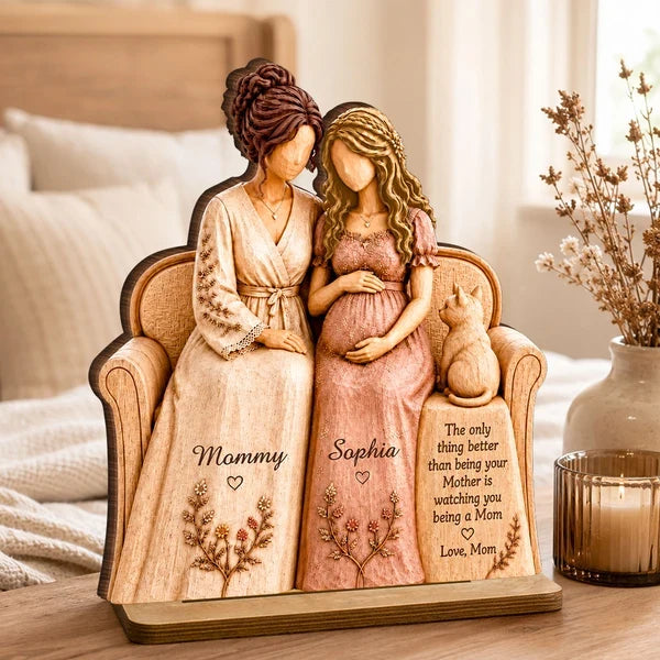 Personalized 2-Layer Wooden Plaque, Seated Mother and Pregnant Daughter, Heartfelt Creative Gift for New Mom