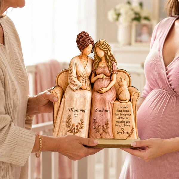 Personalized 2-Layer Wooden Plaque, Seated Mother and Pregnant Daughter, Heartfelt Creative Gift for New Mom