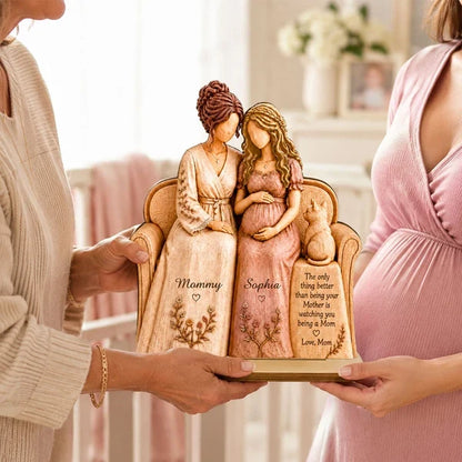 Personalized 2-Layer Wooden Plaque, Seated Mother and Pregnant Daughter, Heartfelt Creative Gift for New Mom