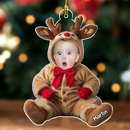 Personalized Baby Reindeer Acrylic Ornament, Custom Photo Keepsake for Parents, Unique Christmas Gift