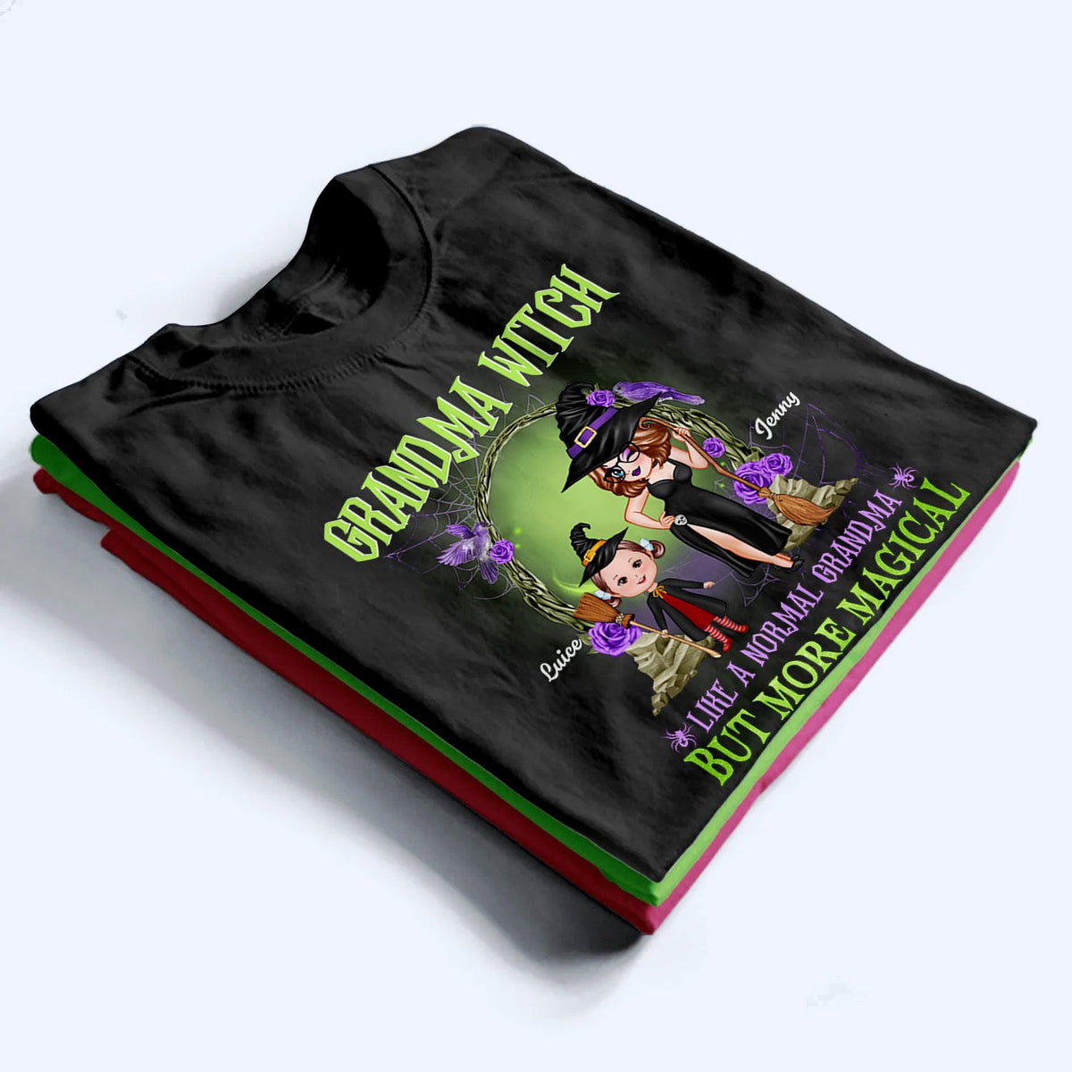 Personalized Grandma Witch Classic Tee, Standing Witch Grandma & Child, Unique Halloween Gift