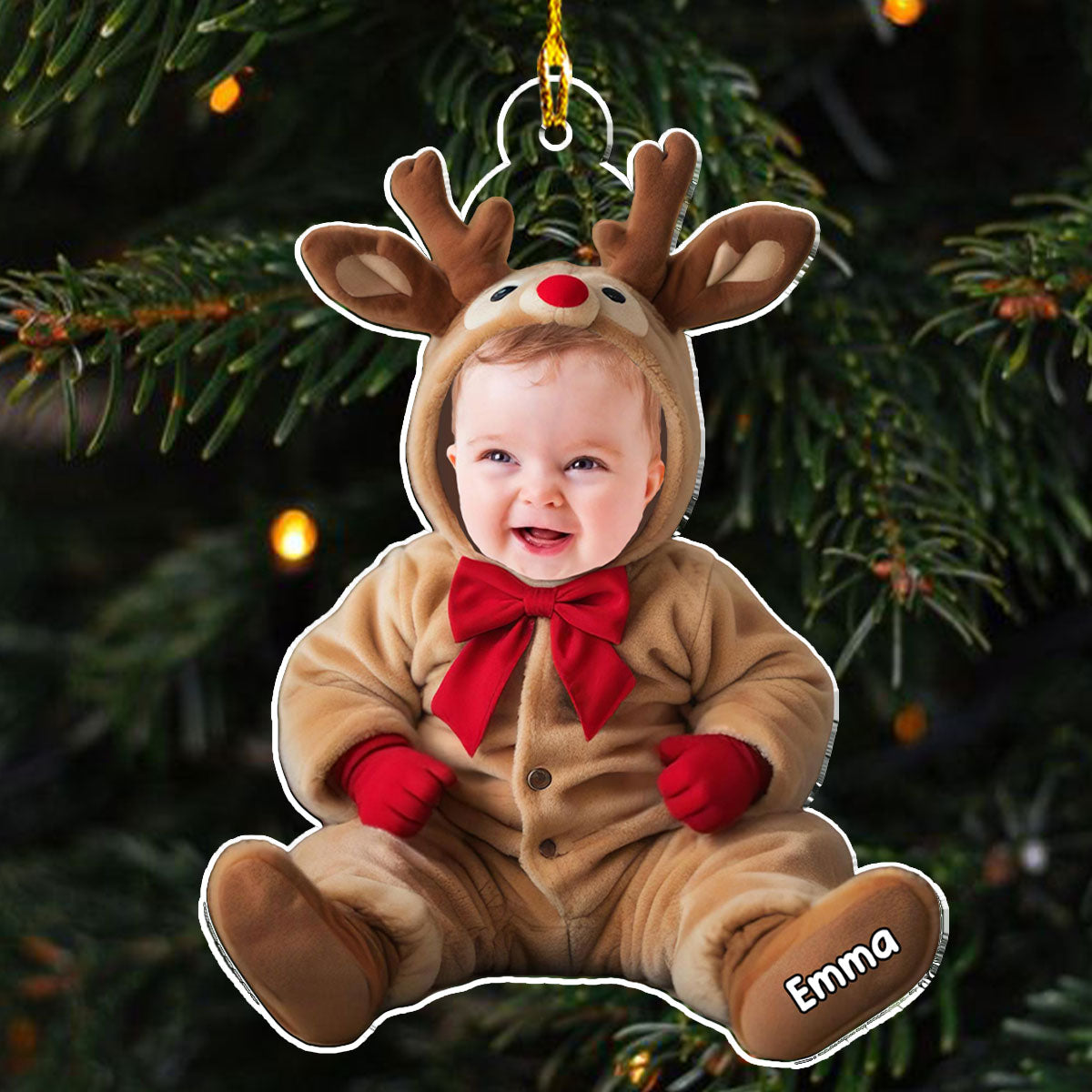 Personalized Baby Reindeer Acrylic Ornament, Custom Photo Keepsake for Parents, Unique Christmas Gift