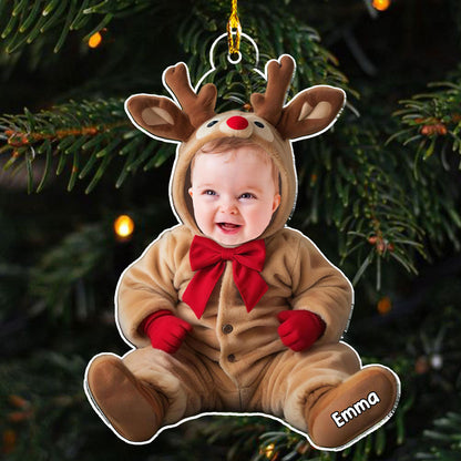 Personalized Baby Reindeer Acrylic Ornament, Custom Photo Keepsake for Parents, Unique Christmas Gift