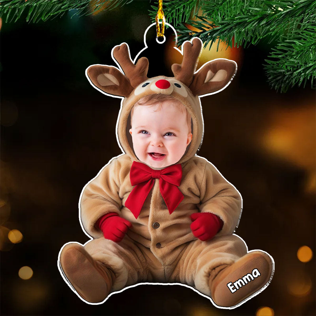 Personalized Baby Reindeer Acrylic Ornament, Custom Photo Keepsake for Parents, Unique Christmas Gift