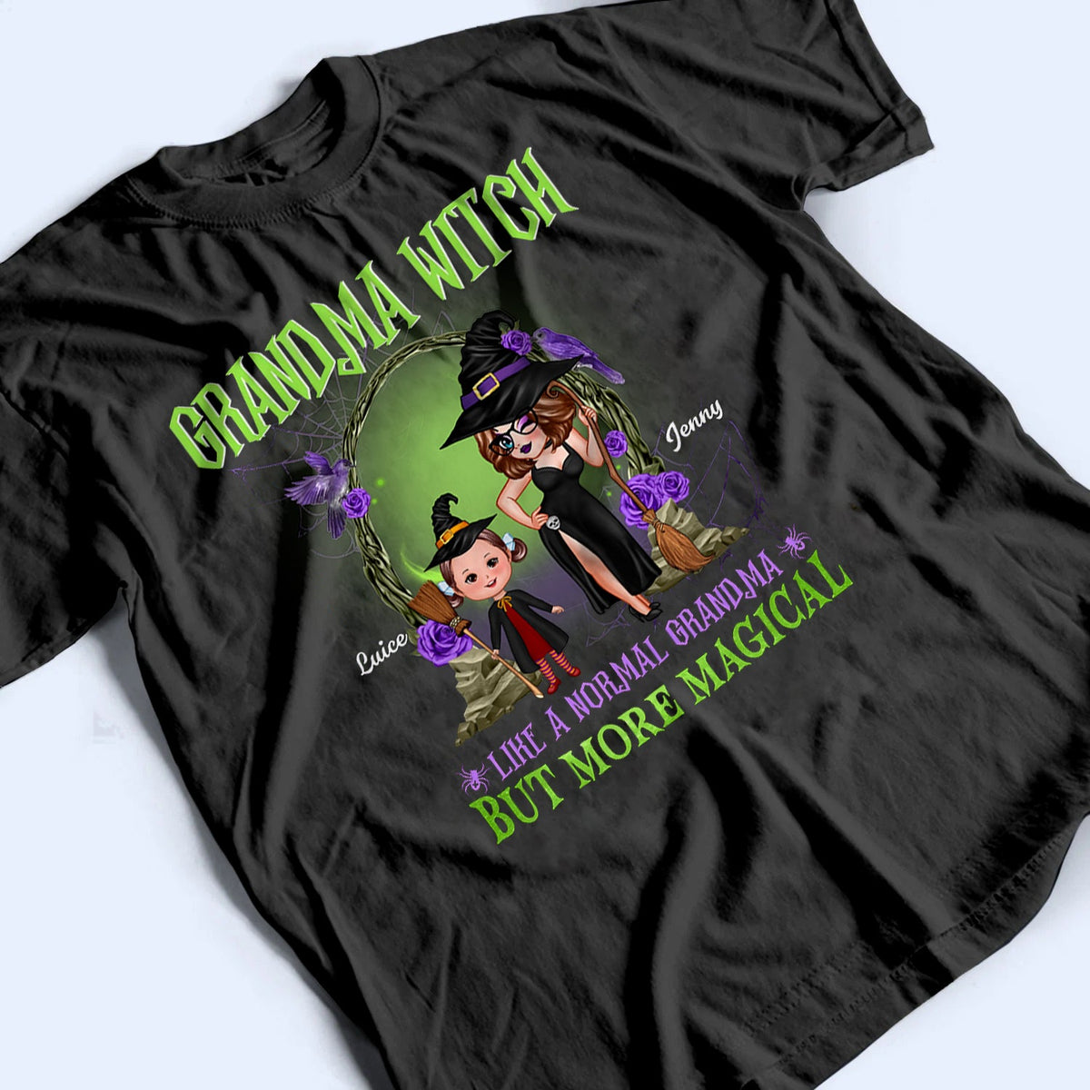 Personalized Grandma Witch Classic Tee, Standing Witch Grandma & Child, Unique Halloween Gift