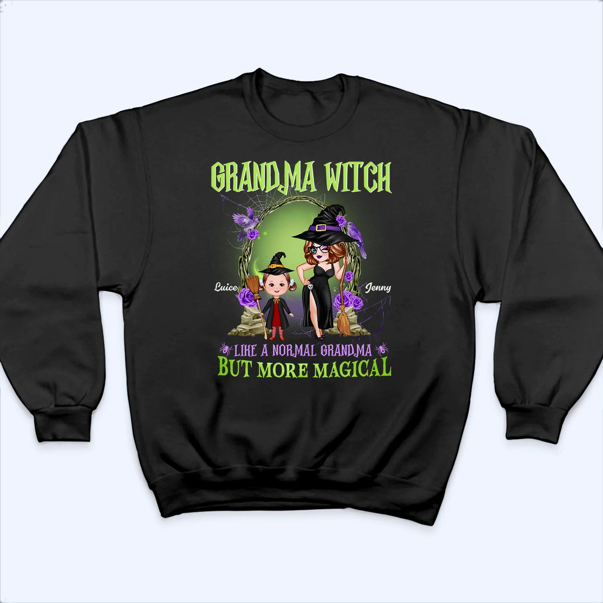 Personalized Grandma Witch Classic Tee, Standing Witch Grandma & Child, Unique Halloween Gift