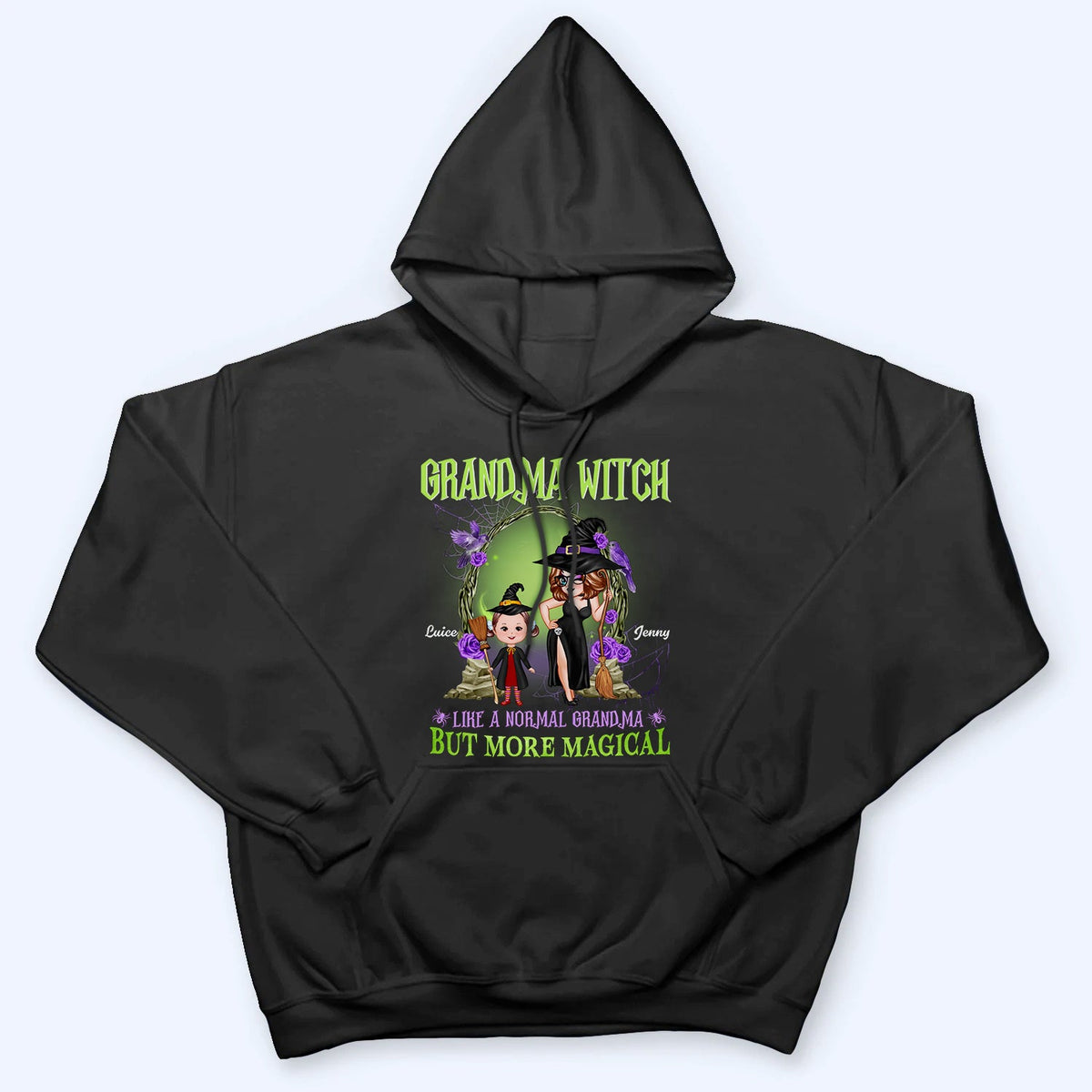 Personalized Grandma Witch Classic Tee, Standing Witch Grandma & Child, Unique Halloween Gift