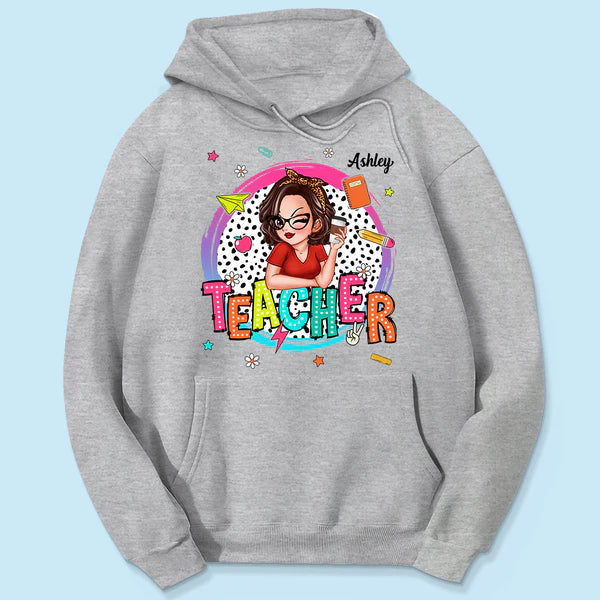Personalized Classic Tee, Cartoon Teacher With Apple & Pencil, Unique Teacher Gift for Back to School