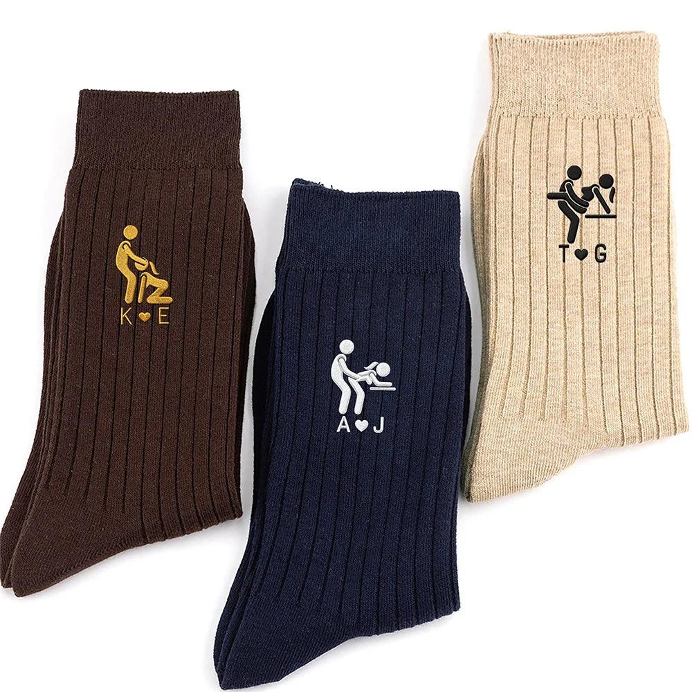 Custom Embroidered Combed Cotton Socks For Boyfriend, Creative Gift With Playful Romantic Detail