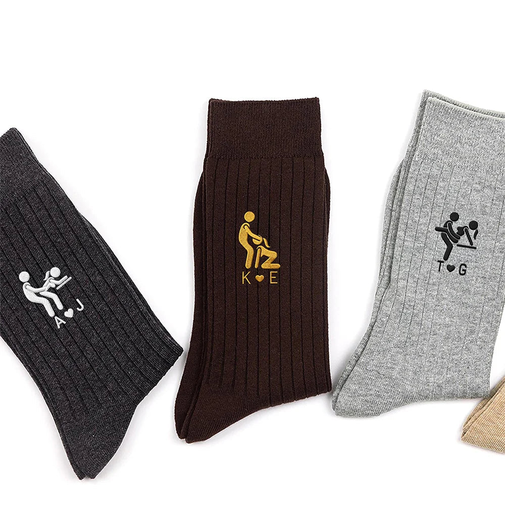 Custom Embroidered Combed Cotton Socks For Boyfriend, Creative Gift With Playful Romantic Detail