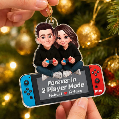 Personalized Acrylic Ornament, Cartoon Couple Holding Controllers, Unique Christmas Tree Gift for Gamers