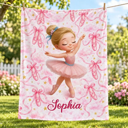 Personalized Fleece Blanket with Dancing Ballerina, Pink Watercolor Keepsake, Unique, Creative Gift for Daughter
