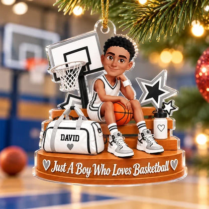 Personalized Acrylic Ornament, Cartoon Boy Sitting with Basketball in Gym, Unique Christmas Gift for Son
