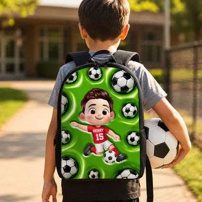 Personalized Kids School Backpack, Cute Soccer Player Kicking Ball, Unique Creative Gift For Kids