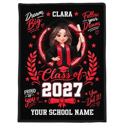 Personalized Dream Big Fleece Blanket, Graduate in Cap and Gown, Heartfelt Creative Gift for Daughter or Granddaughter