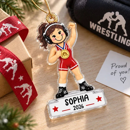 Personalized Acrylic Ornament, Red Cartoon Girl Wrestler Raising Her Fist, Unique Gift for Daughter