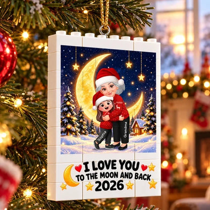 Personalized Building Block Ornament, Grandma Hugging Granddaughter Under a Moon, Unique Christmas Gift for Grandma
