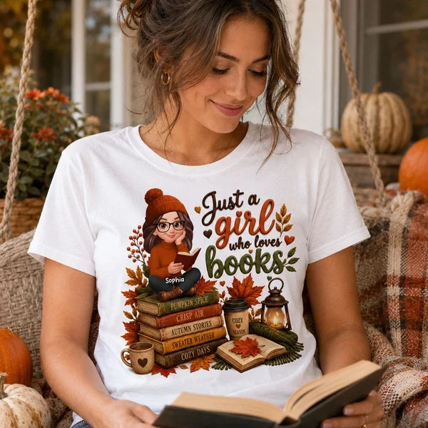 Personalized Classic Tee, Warm Autumn Reading Girl, Just a Girl Who Loves Books, Unique Gift for Readers